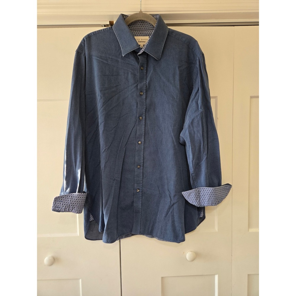 Ted Baker Endurance Mens Blue Textured Button Up Shirt 17.5 34/35 Cotton